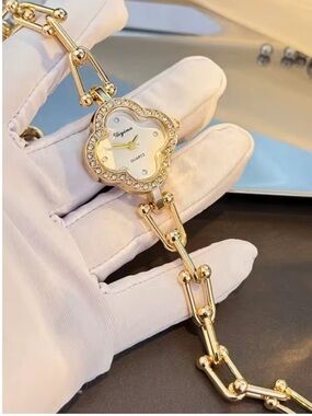 Golden Crystal-Accent Flower Bracelet Watch